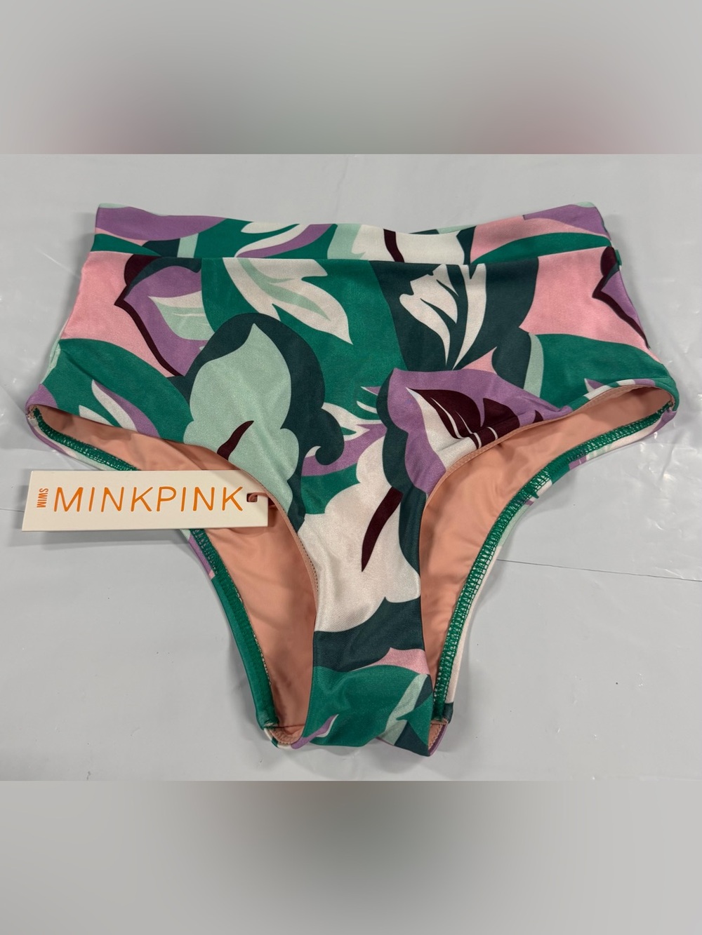 High-Waist Floral Print Swim Bottom in Pink & Teal L70-510 - Picture 2 of 4